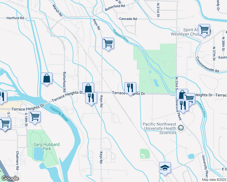 map of restaurants, bars, coffee shops, grocery stores, and more near in Yakima