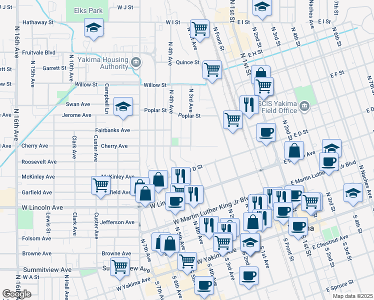 map of restaurants, bars, coffee shops, grocery stores, and more near 306 Cherry Avenue in Yakima