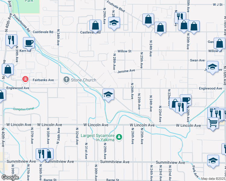 map of restaurants, bars, coffee shops, grocery stores, and more near 2710 Englewood Avenue in Yakima