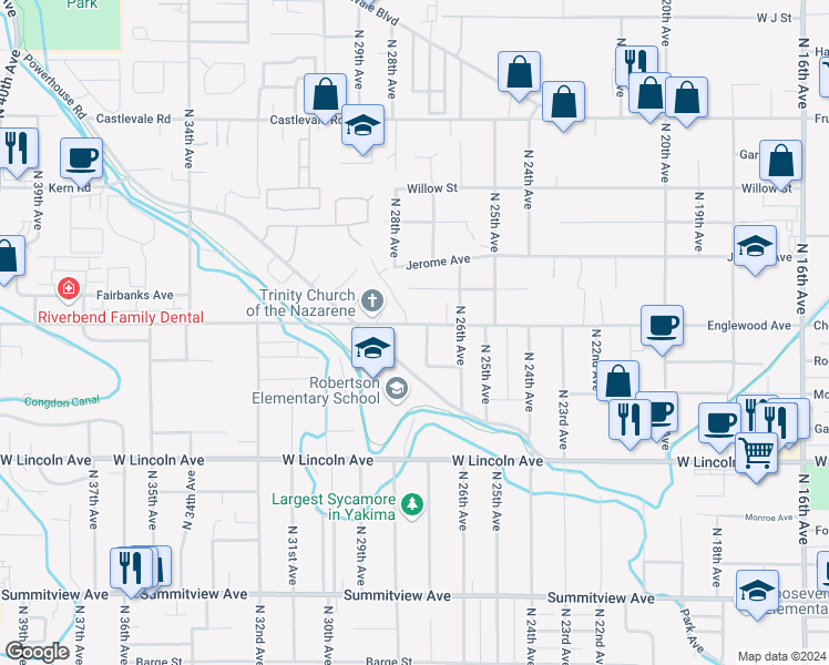 map of restaurants, bars, coffee shops, grocery stores, and more near 2704 Englewood Avenue in Yakima