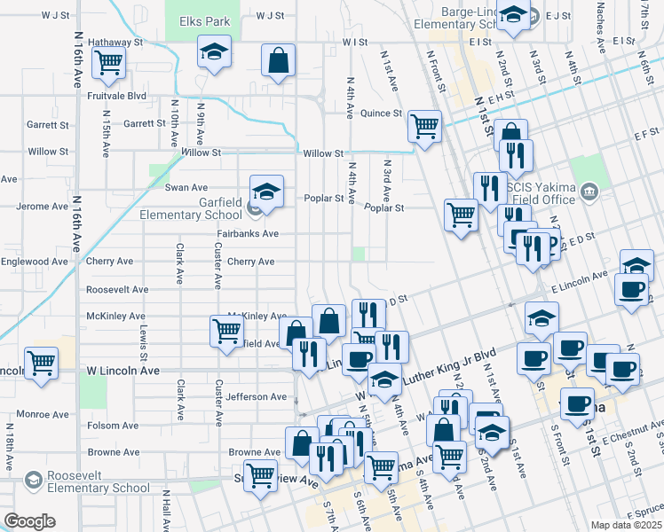 map of restaurants, bars, coffee shops, grocery stores, and more near 408 Cherry Avenue in Yakima