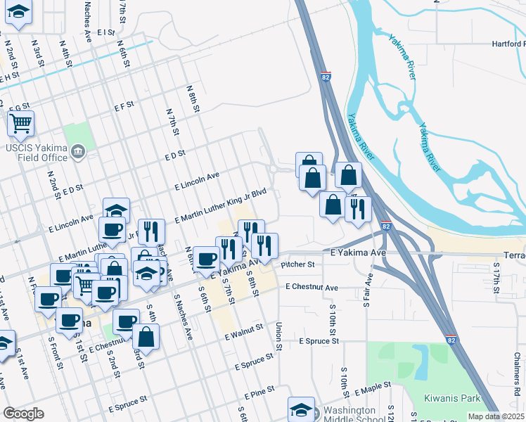 map of restaurants, bars, coffee shops, grocery stores, and more near 104 North 9th Street in Yakima