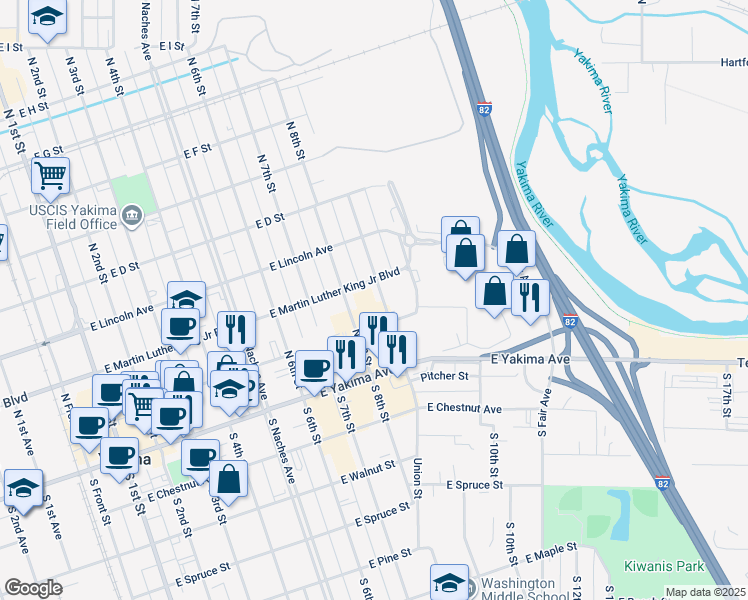 map of restaurants, bars, coffee shops, grocery stores, and more near 104 North 9th Street in Yakima
