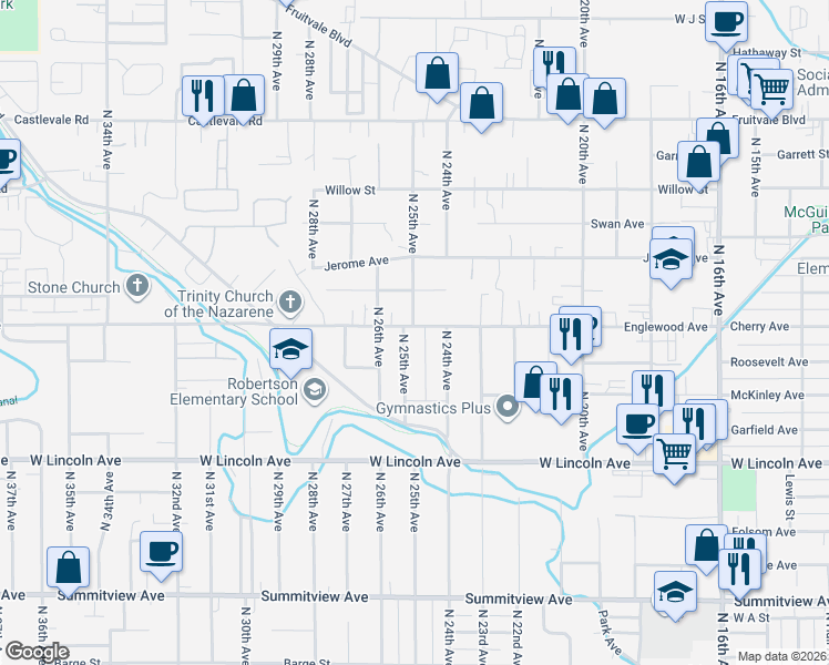 map of restaurants, bars, coffee shops, grocery stores, and more near 518 North 25th Avenue in Yakima