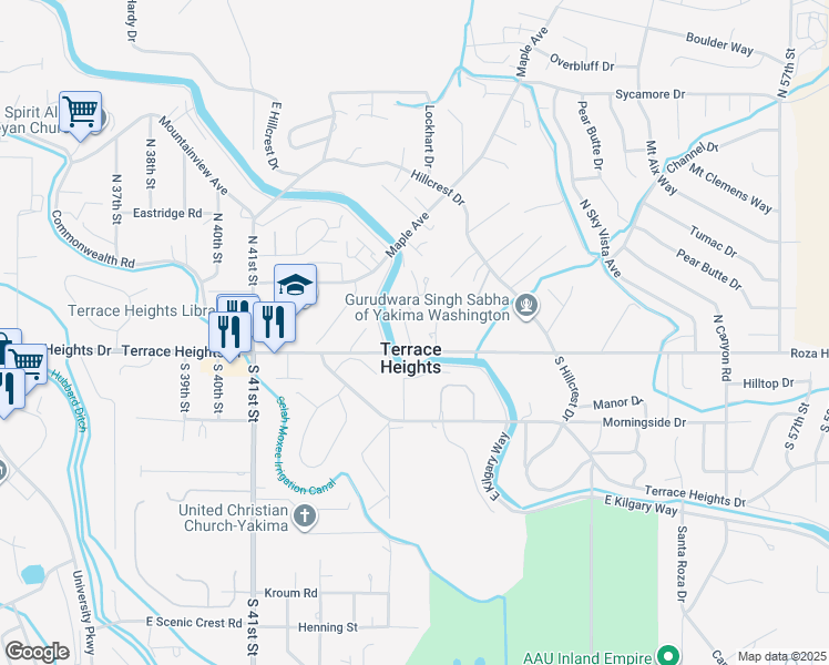 map of restaurants, bars, coffee shops, grocery stores, and more near 105 Panorama Drive in Yakima