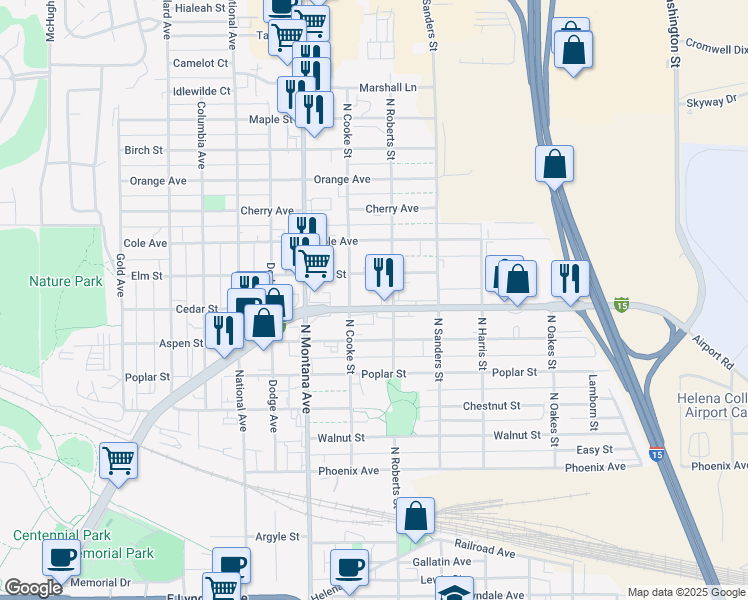 map of restaurants, bars, coffee shops, grocery stores, and more near 1301 Cedar Street in Helena