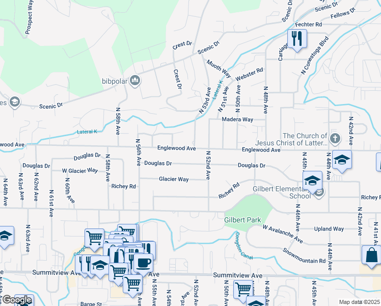 map of restaurants, bars, coffee shops, grocery stores, and more near 5302 Englewood Avenue in Yakima