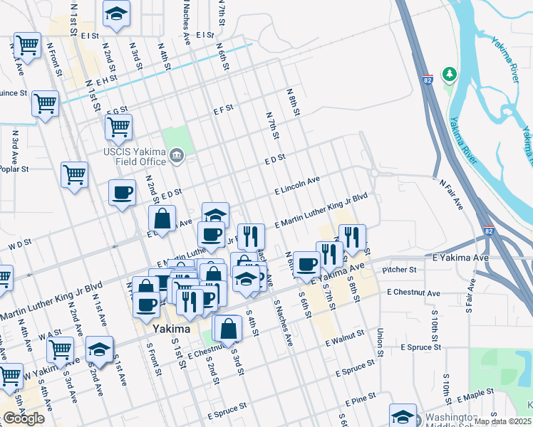 map of restaurants, bars, coffee shops, grocery stores, and more near 201 North Naches Avenue in Yakima