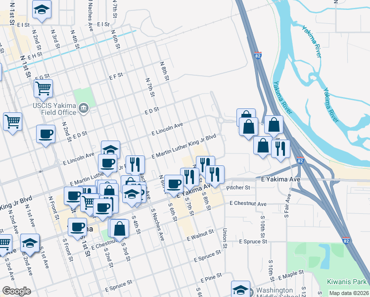 map of restaurants, bars, coffee shops, grocery stores, and more near 140 North 8th Street in Yakima