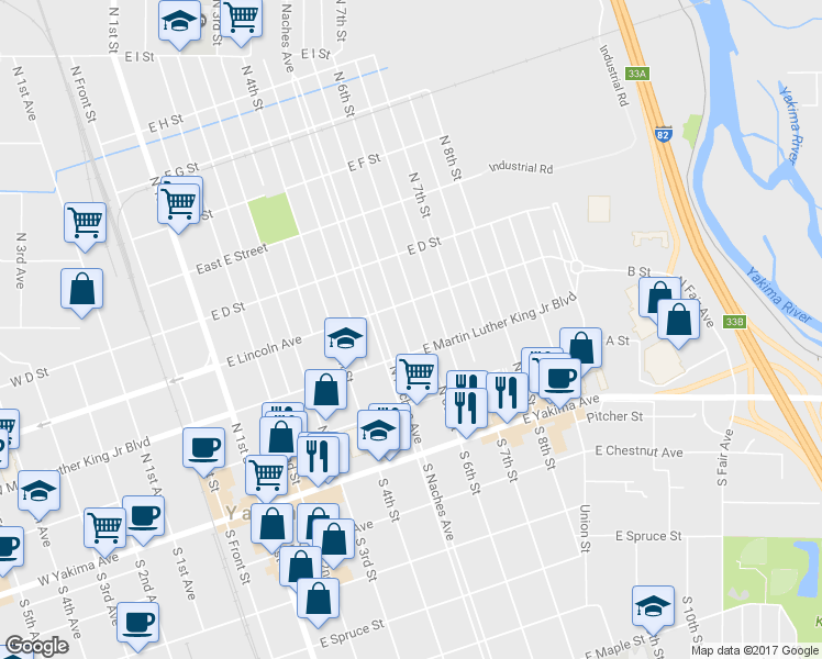 map of restaurants, bars, coffee shops, grocery stores, and more near 201 North Naches Avenue in Yakima