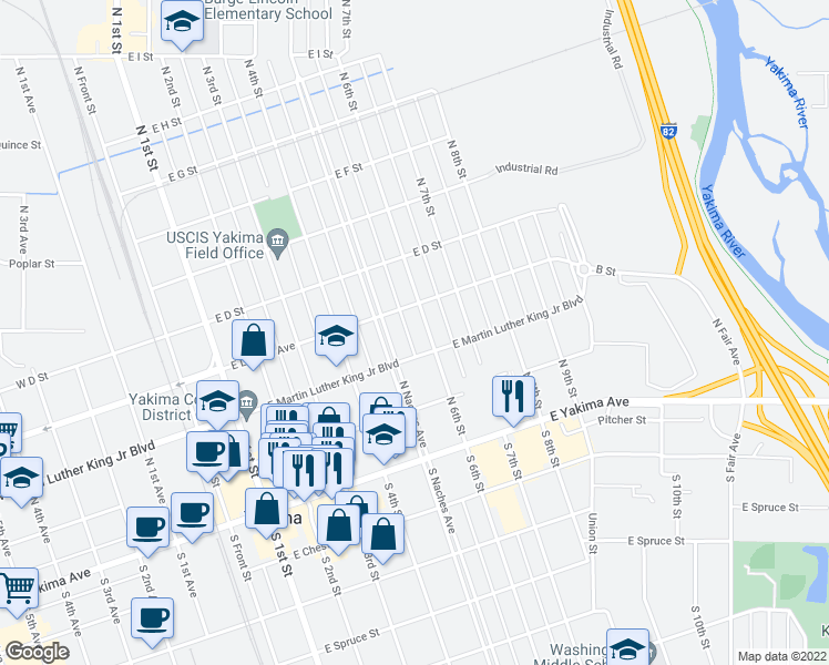 map of restaurants, bars, coffee shops, grocery stores, and more near 201 North Naches Avenue in Yakima