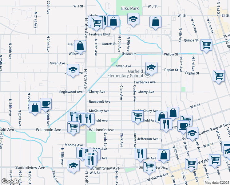 map of restaurants, bars, coffee shops, grocery stores, and more near 1411 Roosevelt Avenue in Yakima