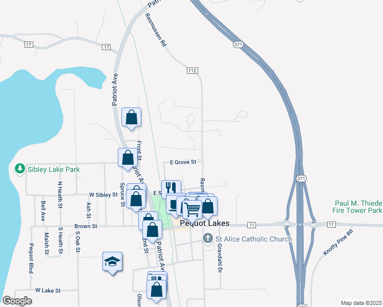 map of restaurants, bars, coffee shops, grocery stores, and more near 31361 Rasmussen Road in Pequot Lakes