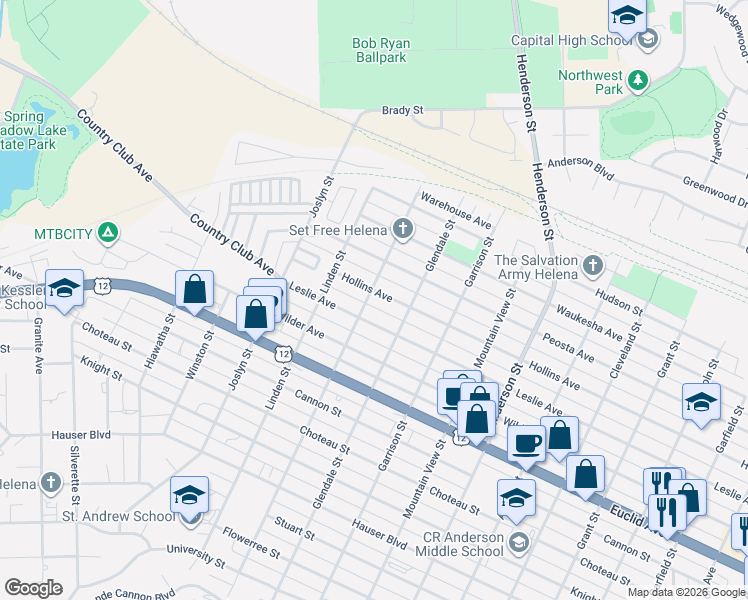 map of restaurants, bars, coffee shops, grocery stores, and more near 1501 Laurel Street in Helena