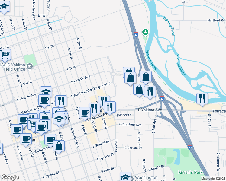 map of restaurants, bars, coffee shops, grocery stores, and more near 103 North 10th Street in Yakima