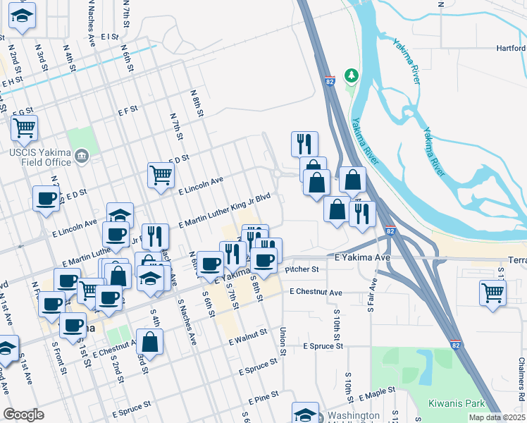 map of restaurants, bars, coffee shops, grocery stores, and more near 111 North 9th Street in Yakima