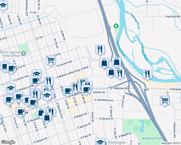 map of restaurants, bars, coffee shops, grocery stores, and more near 103 North 10th Street in Yakima
