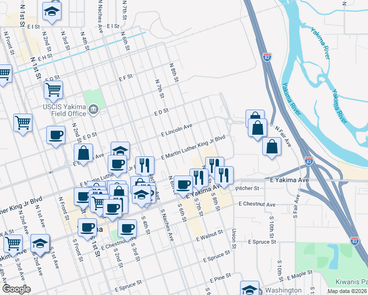 map of restaurants, bars, coffee shops, grocery stores, and more near 111 North 7th Street in Yakima