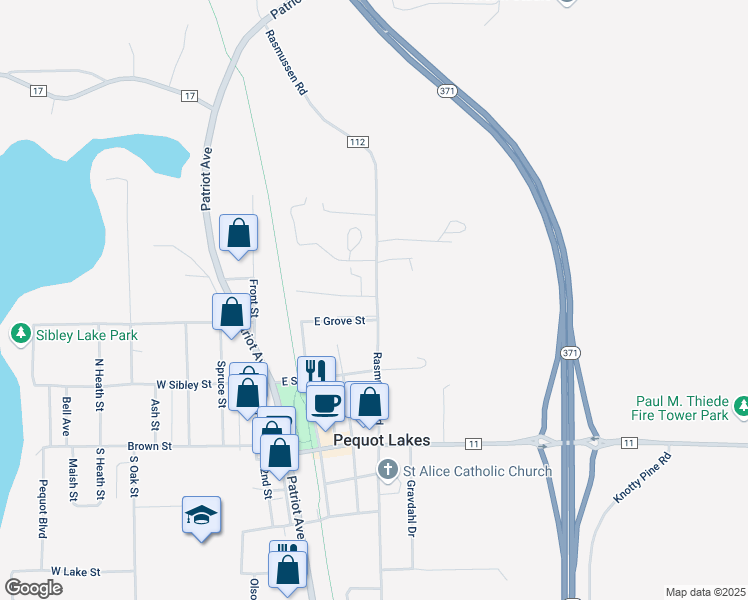 map of restaurants, bars, coffee shops, grocery stores, and more near 31303 County Road 112 in Pequot Lakes