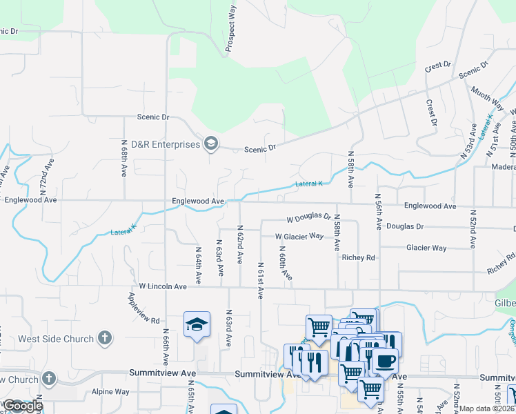 map of restaurants, bars, coffee shops, grocery stores, and more near 6101 Douglas Drive in Yakima