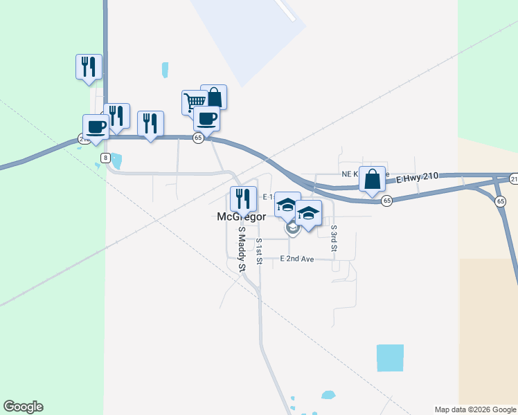 map of restaurants, bars, coffee shops, grocery stores, and more near in McGregor