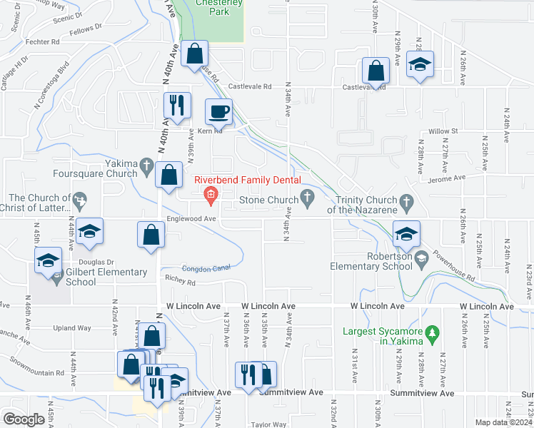 map of restaurants, bars, coffee shops, grocery stores, and more near 3506 Fairbanks Avenue in Yakima