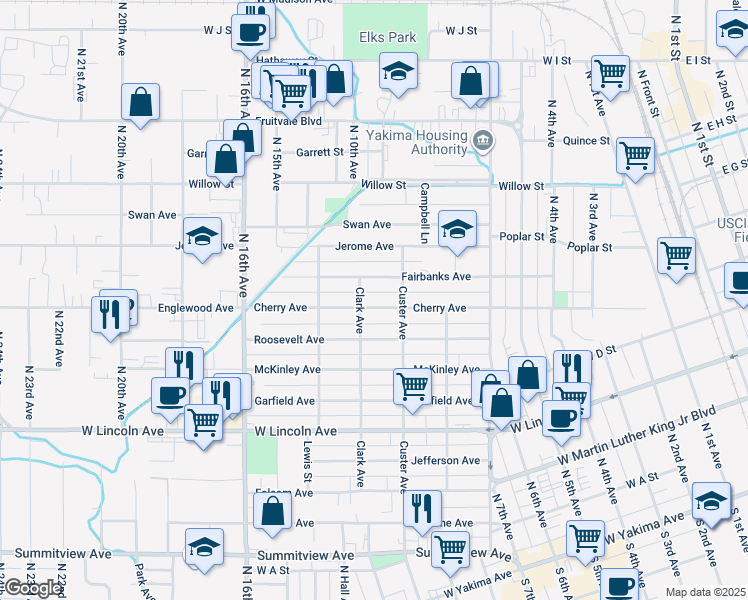 map of restaurants, bars, coffee shops, grocery stores, and more near 1313 Fairbanks Avenue in Yakima