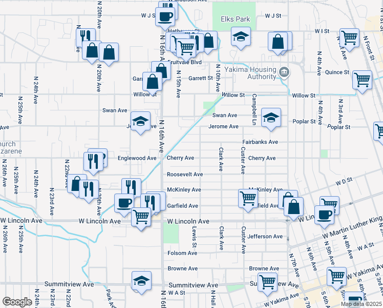 map of restaurants, bars, coffee shops, grocery stores, and more near 1509 Fairbanks Avenue in Yakima