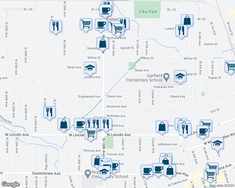map of restaurants, bars, coffee shops, grocery stores, and more near 1509 Fairbanks Avenue in Yakima