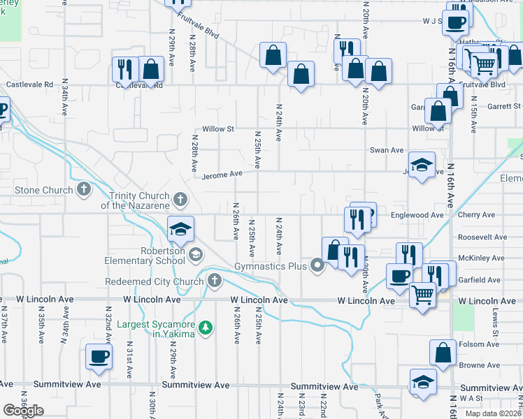 map of restaurants, bars, coffee shops, grocery stores, and more near 2404 Fairbanks Avenue in Yakima