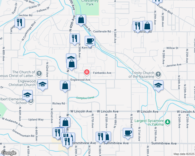 map of restaurants, bars, coffee shops, grocery stores, and more near 3601 Fairbanks Avenue in Yakima