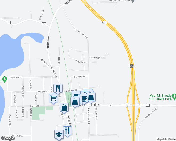 map of restaurants, bars, coffee shops, grocery stores, and more near 31303 County Road 112 in Pequot Lakes