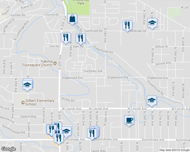 map of restaurants, bars, coffee shops, grocery stores, and more near 3514 Fairbanks Avenue in Yakima