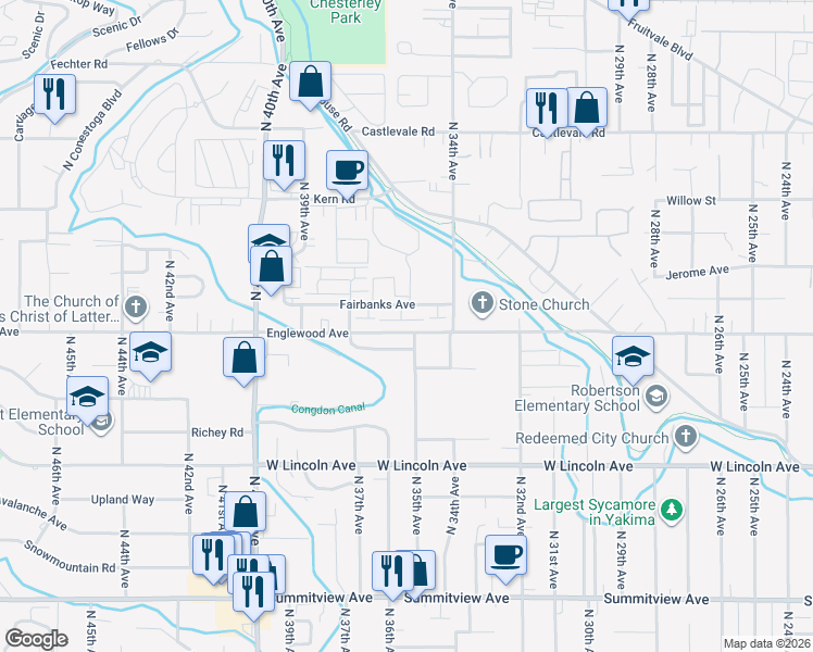 map of restaurants, bars, coffee shops, grocery stores, and more near 3516 Fairbanks Avenue in Yakima