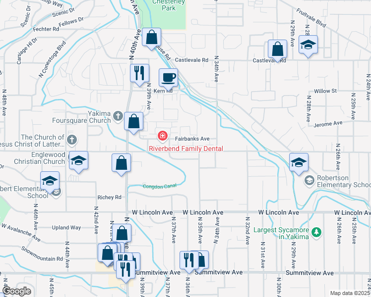 map of restaurants, bars, coffee shops, grocery stores, and more near 3610 Fairbanks Avenue in Yakima