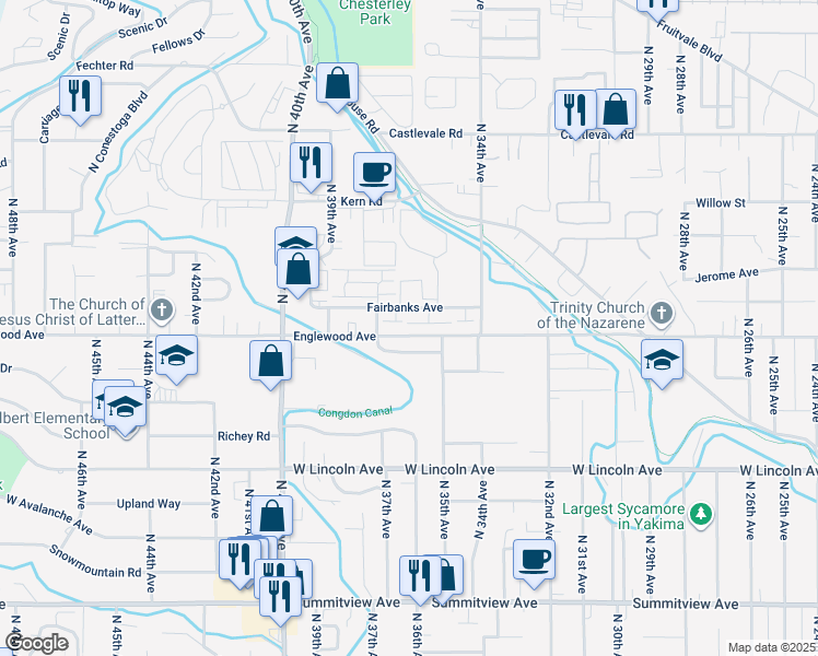 map of restaurants, bars, coffee shops, grocery stores, and more near 3612 Fairbanks Avenue in Yakima
