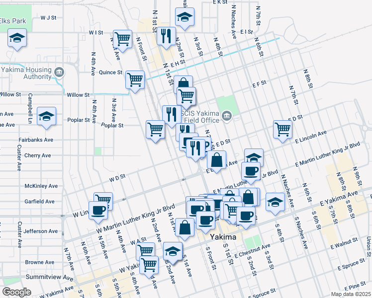 map of restaurants, bars, coffee shops, grocery stores, and more near 98 East E Street in Yakima