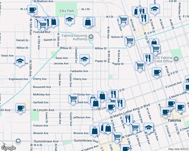map of restaurants, bars, coffee shops, grocery stores, and more near 605 North 6th Avenue in Yakima