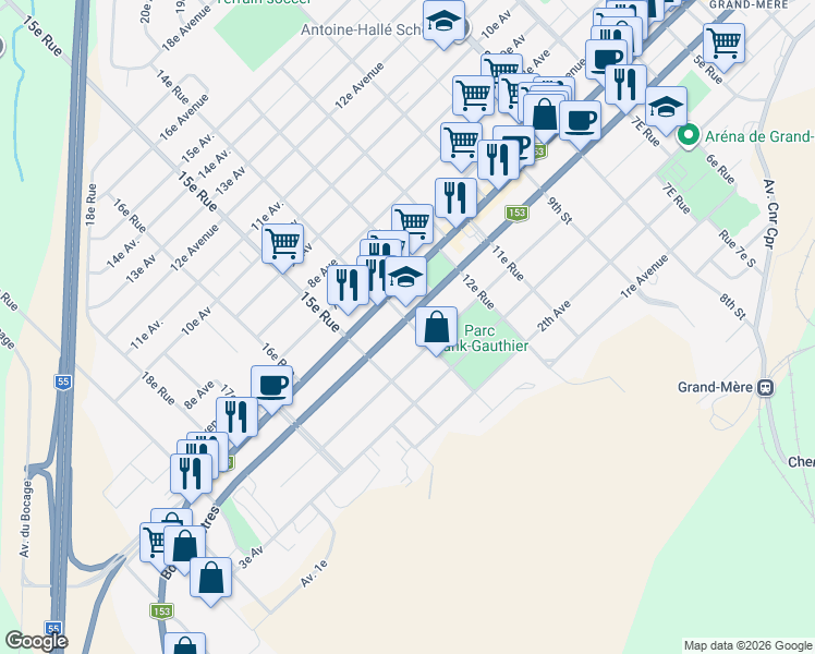 map of restaurants, bars, coffee shops, grocery stores, and more near 1401 5e Avenue in Shawinigan