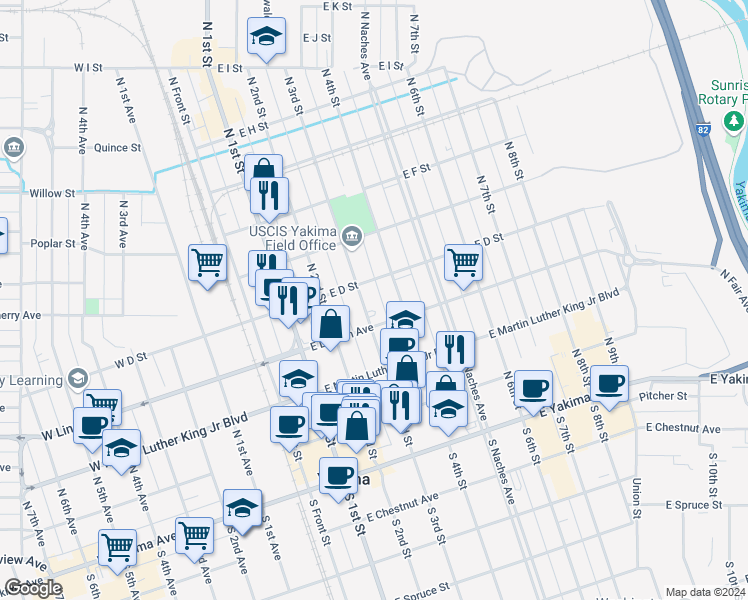 map of restaurants, bars, coffee shops, grocery stores, and more near in Yakima