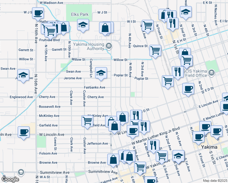 map of restaurants, bars, coffee shops, grocery stores, and more near 616 North 5th Avenue in Yakima
