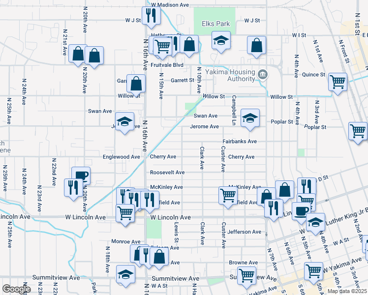 map of restaurants, bars, coffee shops, grocery stores, and more near 607 Lewis Street in Yakima