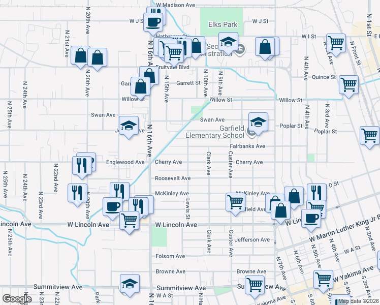 map of restaurants, bars, coffee shops, grocery stores, and more near 607 Lewis Street in Yakima