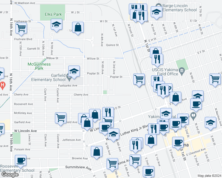 map of restaurants, bars, coffee shops, grocery stores, and more near 608 North 3rd Avenue in Yakima