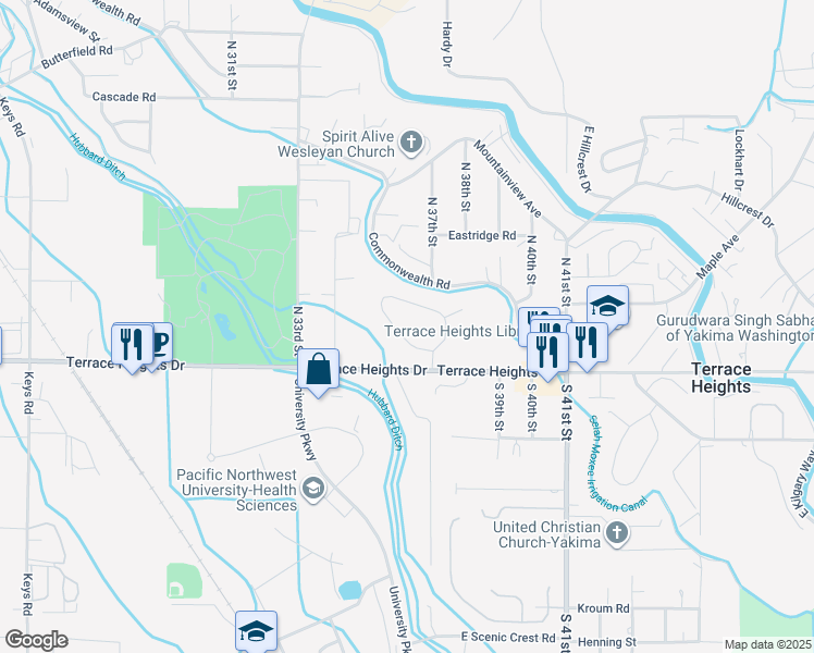 map of restaurants, bars, coffee shops, grocery stores, and more near 123 Terrace Park Drive in Yakima
