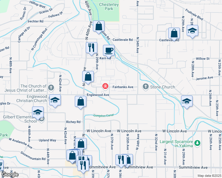 map of restaurants, bars, coffee shops, grocery stores, and more near 3611 Messina Drive in Yakima