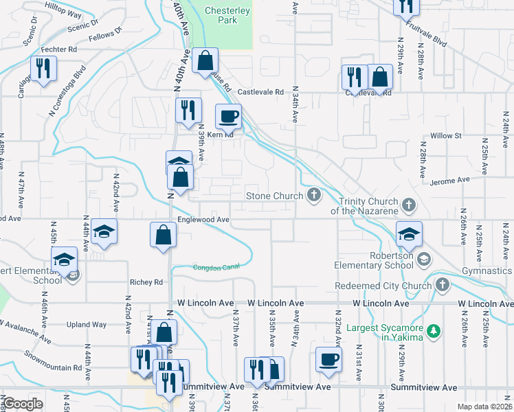 map of restaurants, bars, coffee shops, grocery stores, and more near 3601 Fairbanks Avenue in Yakima