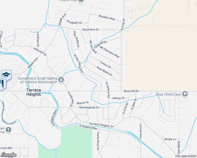 map of restaurants, bars, coffee shops, grocery stores, and more near 5300 North Canyon Road in Yakima
