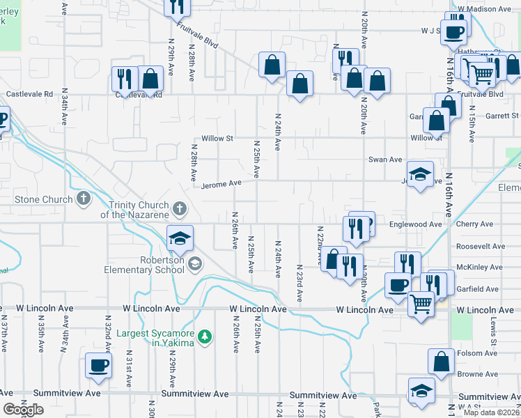 map of restaurants, bars, coffee shops, grocery stores, and more near 2404 Fairbanks Avenue in Yakima