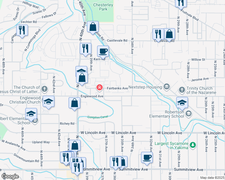 map of restaurants, bars, coffee shops, grocery stores, and more near 3601 Fairbanks Avenue in Yakima